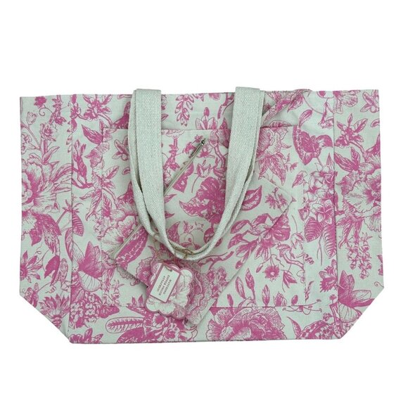 NWT Eco-Friendly Pink + White Reusable Floral Canvas Tote 16”x 16”x 6" w/purse - Picture 1 of 4